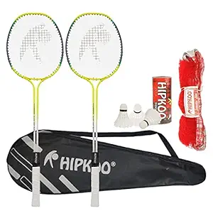 ISBN Badminton Set with 6 Shuttle & Two Racquet Pack of Badminton Set (2 Double Shaft Rackets, 3 Feather Shuttles, Net and Cover)