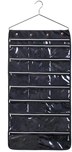 MISSLO 44 Zippered Pockets Hanging Jewellery Organiser With Hanger for Wardrobe Accessories Storage, Black