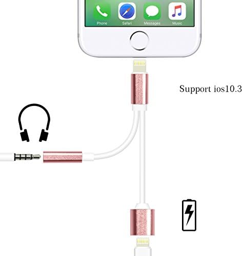 IPhone 7 / 7 Plus 2 in 1 Lightning Charging Port Extension Cable 3.5mm Headphone Adapter and for Apple Devices Converter and Audio Jack, Compatible with IOS 10.3, No Music Control- Rose gold