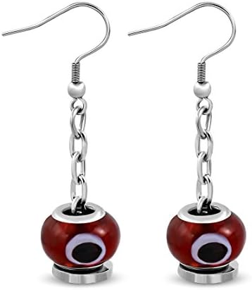 Stainless Steel Evil Eye Spinning Glass Bead Long Drop Hook Earrings (pair)