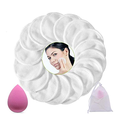 Tobao 16Pcs Discos Desmaquillantes Reutilizables con 1 Esponja Maquillaje y 1 Bolsa de Lavandería, Almohadillas Desmaquillantes para Limpieza Facial, Limpiador Faciales para Ojos Labios Cara