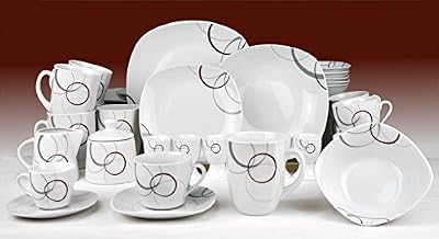 Van Well Palazzo Service de table 124 pièces En porcelaine blanche avec cercles gris et bordeaux Pour 12 personnes