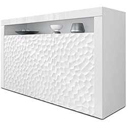 Vladon Buffet Armoire Valencia, Corps en Blanc Mat/Façades en Blanc Haute Brillance Calypso avec Une Structure 3D fraisée et Bandeaux en Blanc Haute Brillance