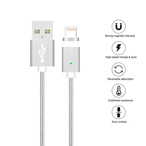 [Update Version]Apple Magnetic Lightning USB Charging Cable,-Lifetime Warrenty-TUOYA Magnet Magnetic Braided Wire High Speed Sync Data And Charger USB Cable Adapter for iPhone 5, 5c, 5s, SE, 6, 6 Plus, 6s, 6s Plus, 7, 7 Plus (Silver)