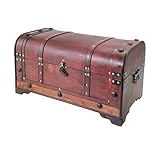 Bitte beachten: Aufwändig handgefertigte Holztruhe! Kleinere Unregelmäßigkeiten im Holz und eventuelle Gebrauchsspuren sind charakteristisch und unterstreichen den Vintage-, bzw. Antik-Look.
