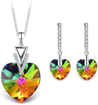 Jewelers Heart Pendant Necklace and Leverback Earrings Made with Crystal Fashion Jewelry Sets for Women, 18"+2"