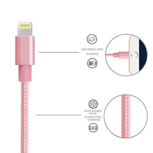 Nylon iPhone Lightning Ladekabel-[Lebenslange Garantie]-TUOYA Nylon Apple iPhone Lightning to USB3.0 Datenkabel, Hi-Speed Sync und Schnelles Lightning Ladekabel Syncwire mit 8 Pin Aluminium Steckerr für Apple iPhone 7/ 7 Plus/ 6s/ 6s Plus/ 6/ 5/ SE/ iPad Air/ iPad 4/ iPad mini/ iPod nano 7/ iPod (2pack-9,9ft/3m, Pink) - 2