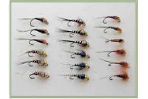 Nymphes Jig - Lot de 18 mouches à truite sans ardillon - 6 motifs - Taille 12 à 16 - Pêche à la mouche
