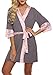 Produktbild EKOUAER Damen Morgenmantel Kimono Robe Bademantel Negligee Kurze Nachtwäsche Saunamantel Nightwear Druck mit Taschen Grau und Rosa L