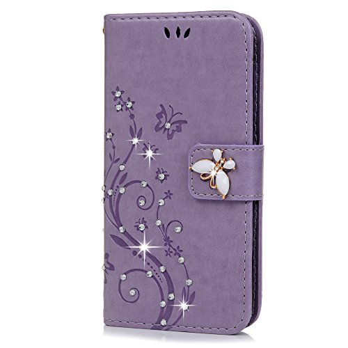 Galaxy J3 Case 2017, Galaxy J3 Prime Case Bling Crystal Diamond Leather Cover Embossed Butterfly Florals Design PU Leather Flip Case TPU Bumper Cover Kickstand Magnetic Case with Card Slots Holders & Wrist Strap Case for Samsung Galaxy J3 / J3 Prime / J3 Emerge - Light Purple