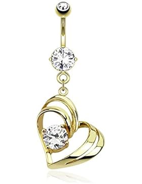 Paula & Fritz® Bauchnabelpiercing aus Edelstahl Chirurgenstahl 316L 14 Karat vergoldet Hohles Herz mit Zirkonia...