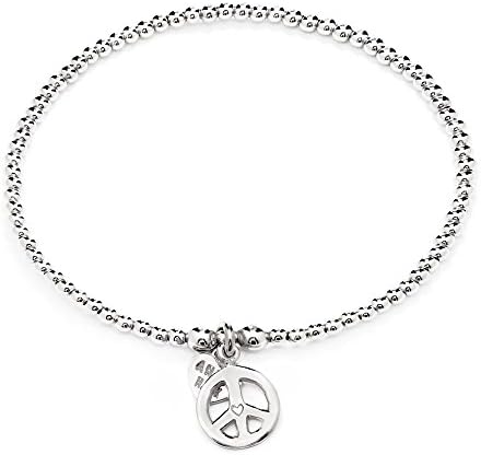 ANNIE HAAK 17cm Santeenie Silver Charm Peace Bracelet, Stackable Single Strand with Dainty Peace Charm, 925 Sterling Silver Bead Bracelet