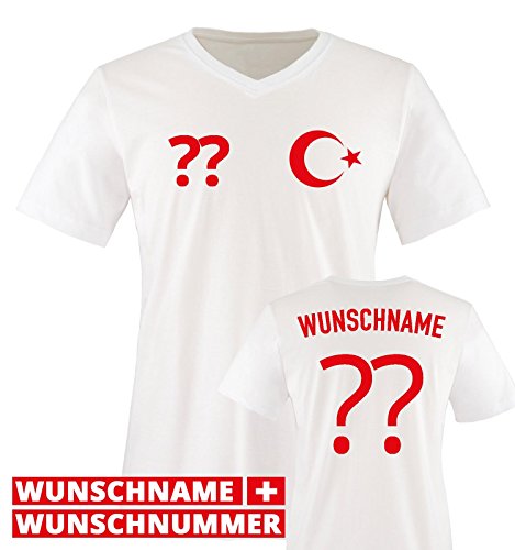 TRIKOT – TÜR – WUNSCHDRUCK – Herren V-Neck T-Shirt – Weiss / Rot Gr. M