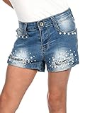 HIGHLIGHTS: Mädchen Kinder Jeans Shorts in modernem Design, Bund verstellbar, Knopf und Reißverschluss, erleichtern das An-und Ausziehen. Es gibt zwei Front Taschen und zwei Gesäßtaschen, für allerlei Mädchen-Kramm. Angebrachte Perlen und Pailletten, lassen das Prinzessinnen Herz höherschlagen.