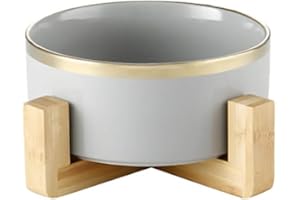HCHLQLZ Gris Phnom Pet Gamelles pour Chien et Chat Gamelles Chien Chat Céramique Support Bambou -Va au Lave-Vaisselle et Facile à Nettoyer(13cmx5cm)