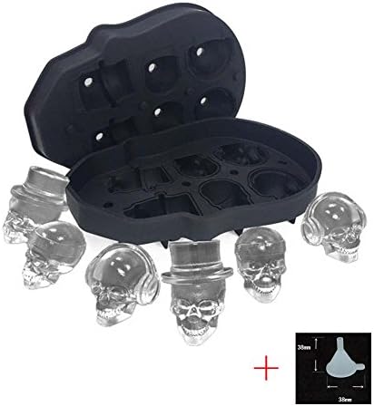 3D Skull Ice Cube Mold with Lid Funnel, Food Grade Flexible Silicone Ice Cube Maker , Chocolate Candy Mold Trays, BPA Free, Cooling for Red Wine, Vodka, Liquor, Whiskey, Cocktails, Soft drinks , Halloween Party - 3 New Design ( 6 Skulls )