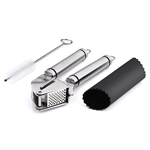 Topop Professionelle Knoblauchpresse und Schäler Set, Edelstahl Knoblauchschneider Garlic press , Mince & Crush Knoblauchzehen leicht zu zerdrücken, Food-grade Edelstahl Hohlraum Spülmaschinenfest - 5