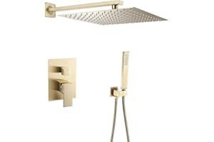 VALAZ Douche encastrée dorée brossée monocommande carrée avec pulvérisateur de 25 cm au mur