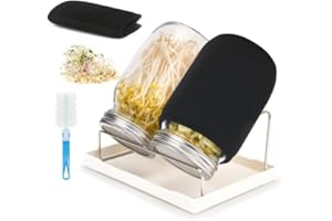 Deefongo Sprossen Keimglas, 2er Sprouting jar Glas mit 2er Filtergitter Abdeckungen aus Edelstahl, Ständer und Einmachbürste, Sprossenglas Keimglas Set für Sprossen Zucht, Keimschale, Microgreens