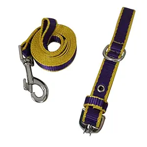 FETCHER Dual Colored Soft Nylon Leash and Collar Set for Dogs - 0.75 Inch (Dark Purple-Yellow)