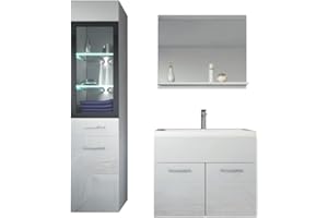 BADPLAATS B.V. Badezimmer Badmöbel Set Rio LED 60cm Waschbecken Hochglanz Weiß Fronten - Unterschrank Hochschrank Waschtisch Möbel