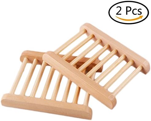 2 Piece Bathroom Ladder Shape Natural Wooden Soap Case Holder, Rectangular, Sink Deck Bathtub Shower Dish,Hand Craft for Sponges, Scrubber