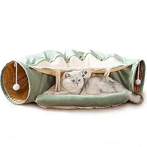 DREAMSOULE 2-in-1 Cat Bed Play Tunnel with Removable Washable Mat for Pets Cats Dogs Rabbits and Pets Kittens for Home Foldable Soft Cat Tunnel Tubes Toys Pet Play Bed Indoor