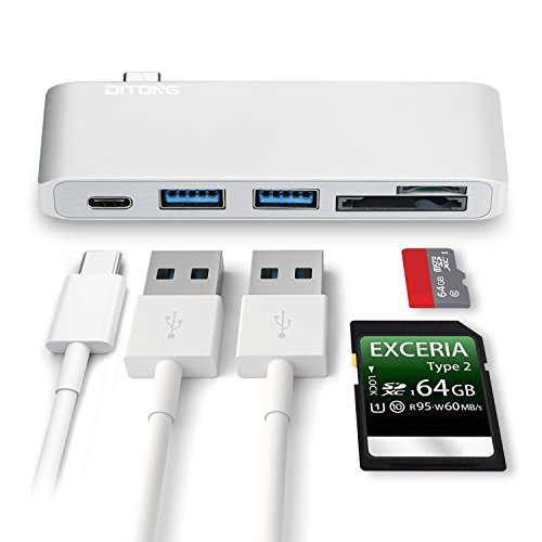 DITONG 5 in 1 USB C Hub Type-C USB 3 0 Pro Multi-Port Adapter Aluminium mit 2 USB 3 0 Ports  SD MicroSD   TF Kartenleser Slot und USB C Ladeanschluss 