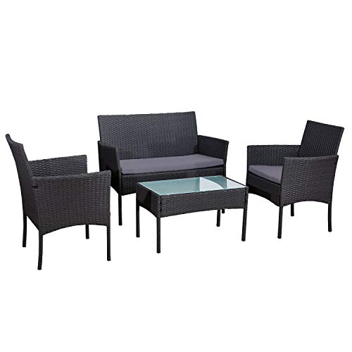 Salon de Jardin CORDOUE en résine tressée Noire 4 Places - Coussins Gris