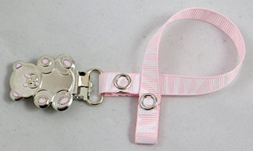 Girls Teddy Bear 'Dummy Holder Clip' Striped Paci Clip Great for Nuk Avent.. (baby pink/white)