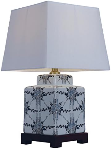 Floral Tea Caddy Lamp with Blue and Black Design, includes a wooden stand and White silk shade