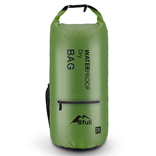 BFULL impermeabile Dry bag 5L/10L/20l/30l/40l [] roll top compatto leggero impermeabile zaino con 2 tasca con zip esterna per kayak, barca, campeggio, galleggiante, rafting, pesca (verde militare)