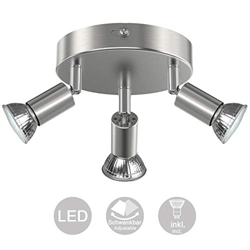 Creyer LED Deckenstrahler 3 Flammig, Schwenkbar LED Deckenleuchte, ø140mm (inkl. 3 x 4W GU10 LED Leuchtmittel, 400LM, Warmweiß) Modern Wohnzimmer LED Deckenspot, Rund LED Deckenlampe - Matte Nickel