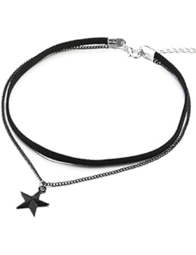Zwei Reihen Schwarz Choker Halsketten Halskette für Damen Mädchen mit Schwarz Kette und Stern Pentagramm Charm...