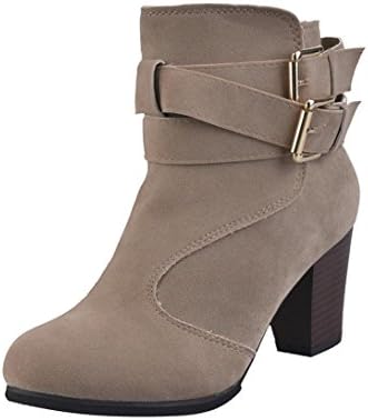 BESTOPPEN Womens Ladies Belt Buckle Girls Faux Boots Ankle Lonely Boots High Heels Martin Shoes (6.5, Beige)