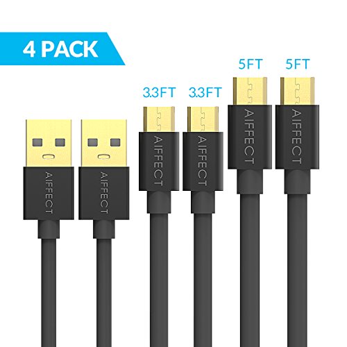 AIFFECT 4-Pack (3.3Ft x2+5Ft x2) High Speed Micro USB 2.0 Cable Good Android Extender USB Cables Micro B Sync Charging Cord for Samsung Galaxy S7/ S6, Sony, Lg, Motorola and More - Black
