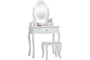 RUNESOL Haus Projekt Tocador de Maquillaje Niña, Blanco Tocador Madera Niña 8 a 13 años, Tocador Maquillaje Pequeño con Taburete y Espejo, Muebles de Dormitorio para Infantil, Regalo di Compleanno