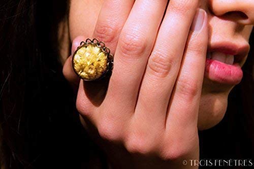 Anillo ajustable boho vintage botánico semiesfera de vidrio con flores secas naturales de siempreviva amarilla - 20mm - Regalos originales para mujer - Cumpleaños - Regalo de Navidad