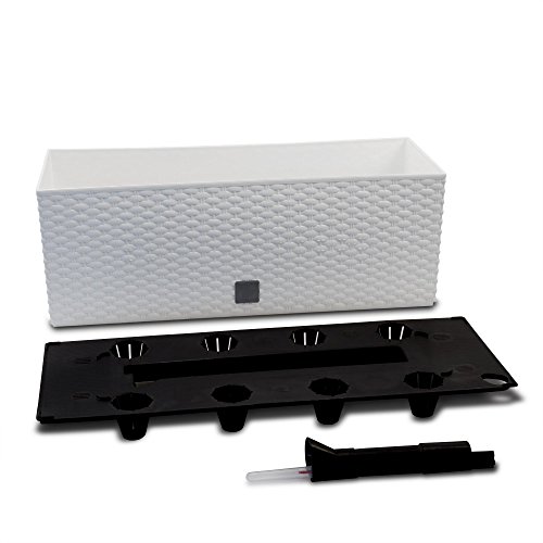 Rattan Optik Blumenkasten 51 cm Weiß + Bewässerungssystem + Wasserstandsanzeiger - 2