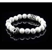 Herren Männer Armband Totenkopf Skull Fleur de Lis Lilie Edelstahl Howlith Halbedelstein weiß