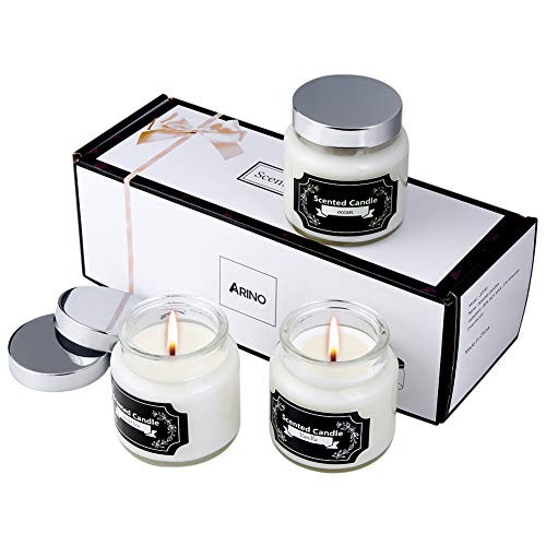 ARINO Duftkerzen Geschenkset 4 Stück 120 Stunden Brenndauer Aromatherapie Kerzen Eisen Töpfe Natürliche Wachsaromen von Rose Lemon Lavendel Feige für Entspannung Sweet Dream und saubere Luft 4