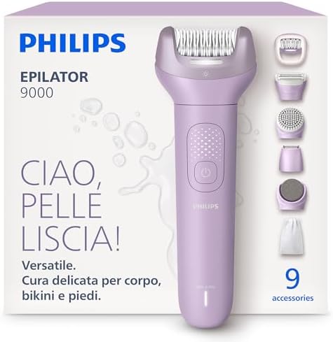 Philips Epilatore Serie 9000 - Epilatore elettrico Wet & Dry senza fili, per gambe, corpo e zona bikini, con ProGuide, 9 accessori, tra cui testina pedicure, autonomia di 60 minuti, modello BRE728/00