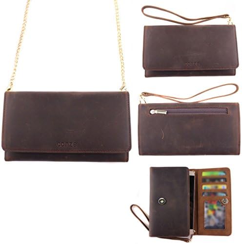 Conze High Quality Genuine Leather Purse/Wallet Phone case with Cross Body Strap fits ZTE Redbull V5 V9180 in Brown