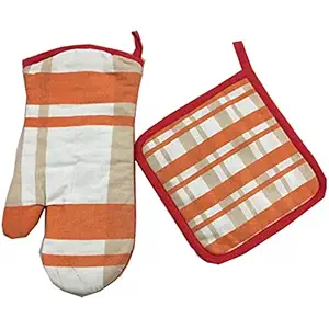 Handfab Elegance Kitchen 100% Cotton Combo Set of a Oven Mitten(Glove) and a Pot Holder (Pack of 2, Orange::Red)