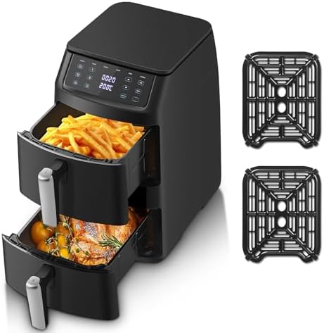 TopStrong Friggitrice ad Aria Doppio Cestello, 11 Litri Verticale Air Fryer 2 Cestelli, 40-220℃, 6 Funzioni & 8 Programmi Di Cottura Automatici, Dietetica, Compatta, 2500W, Fino a 8 Persone, Nero
