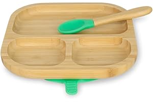 BIOZOYG Juego de platos de bambú cuadrados I Plato con ventosa y cuchara - certificado FSC I platos madera de bambú p. niños - plato y cuenco para niños I vajilla bambú para bebés cuadrada verde