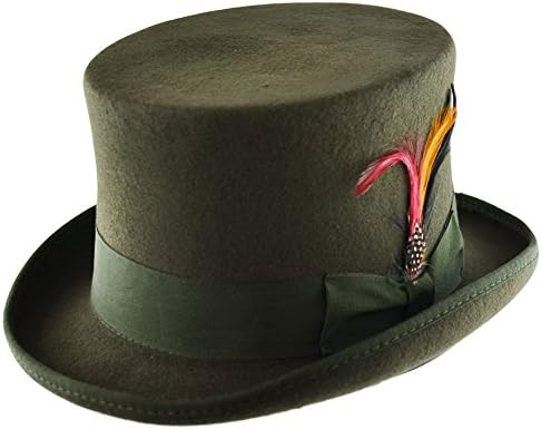 Wool Felt Top Hat with Feather (Olive, Medium)