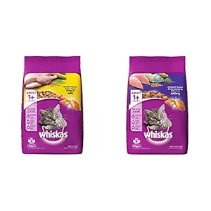 Whiskas Adult (+1 Year) Dry Cat Food, Chicken Flavour, 1.2kg Pack & Whiskas Adult (+1 Year) Dry Cat Food, Mackerel Flavour, 1.2kg Pack