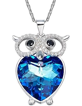 SILYHEART Liebe Herz Eule Anhänger Halskette mit Swarovski Blauen Kristallen Modeschmuck für Dame Mädchen