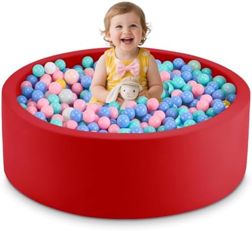 Aunekiv Piscina per palline per bambini, rotonda in morbida schiuma per bambini, per interni ed esterni, piccola piscina per bambini, 90 x 30 cm, palline non incluse, rosso